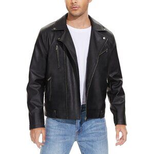 Men Black Faux Leather Biker Jacket Slim Fit Motorcycle Bomber Zip Up Coat